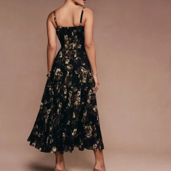 Reformation Black and Cream Floral Midi Dress - Picture 3 of 6